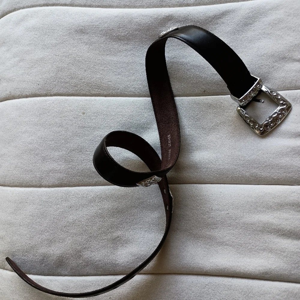 Vintage The Ritz Silver Buckle Brown Leather Belt_ Large